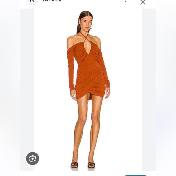 Lovers And Friends Lira Mini Dress Ginger Brown off shoulder stretch Revolve XS - Picture 3 of 9